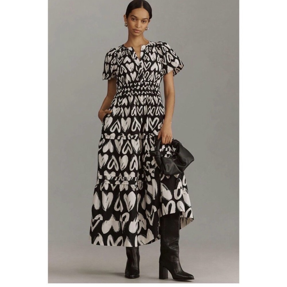 Anthropologie The Somerset Black White Heart Print Puff Sleeve Maxi Dress Small